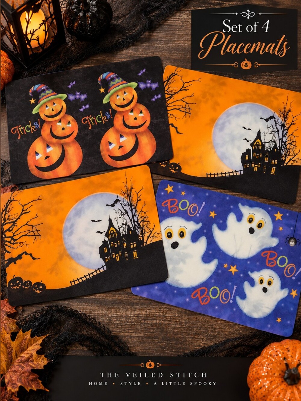 Halloween Vinyl Placemats Set of 4 Pumpkins Ghosts Haunted House 17x12